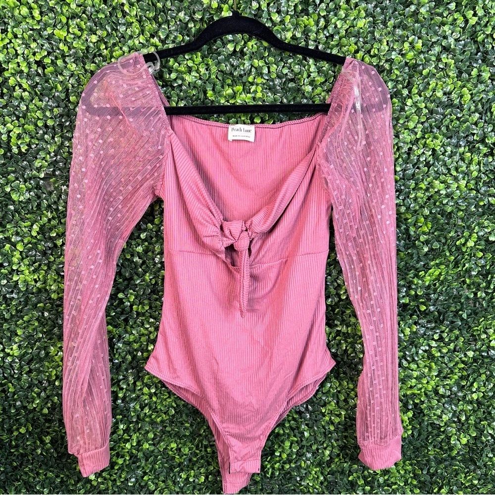 Mauve‎ pink sheer sleeve ribbed body suit